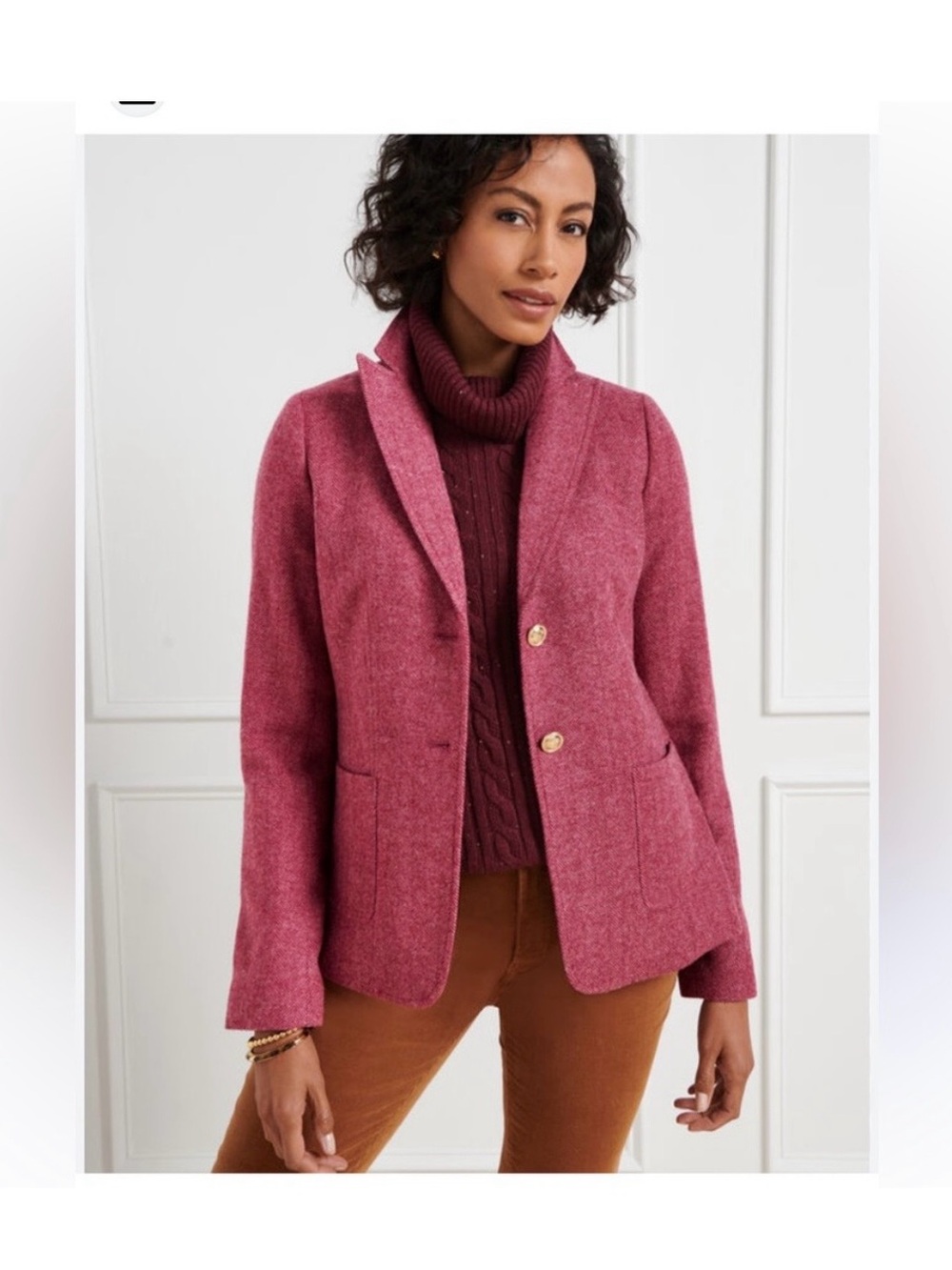 Talbots Rose-Pink Herringbone Wool Blazer with Gold Buttons
